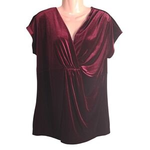 NY &‎ Co Women's Burgundy Pleated Velvet Wrap Top Blouse V-Neck Short Sleeve XL